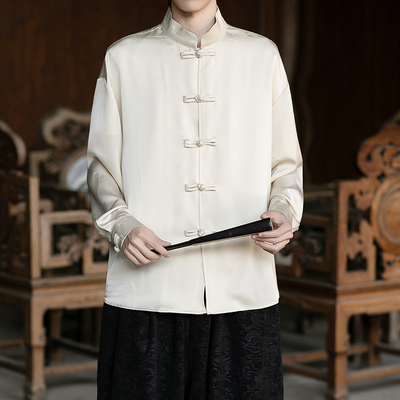 风缎面顺滑长袖唐装盘扣衬衫男士百搭新中式A100-2810-P65，男装衬衫，电商A100