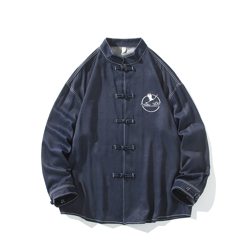 风新中式牛仔衬衫刺绣复古长袖上衣电商A100-C333-P65，男装衬衫，电商A100