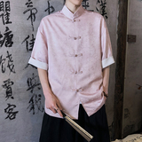 风新中式短袖盘扣衬衫压花复古上衣A100-C327-P65，男装T恤，电商A100