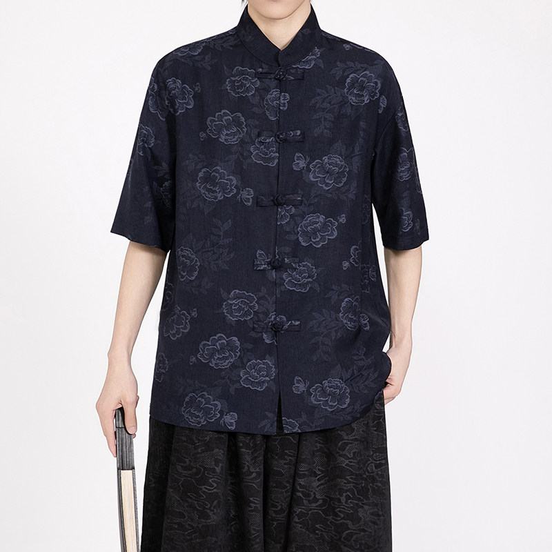 风中式牛仔提花短袖盘扣衬衫电商A100-2808-P75,男装T恤,电商A100