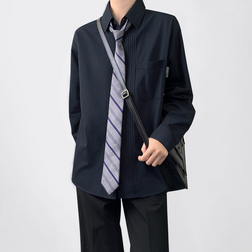 木村叔dk日系绀色长袖衬衣男生秋季藏青色原创小众设计领带衬衫