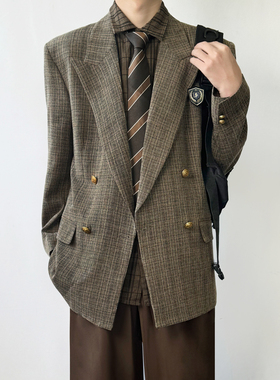 木村叔dk日系原创复古双排扣格子西服男春秋季戗驳领西装制服外套