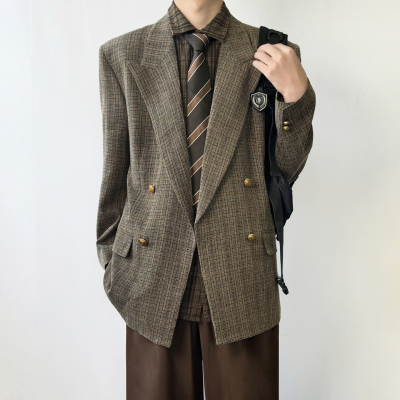 木村叔dk日系原创复古双排扣格子西服男春秋季戗驳领西装制服外套