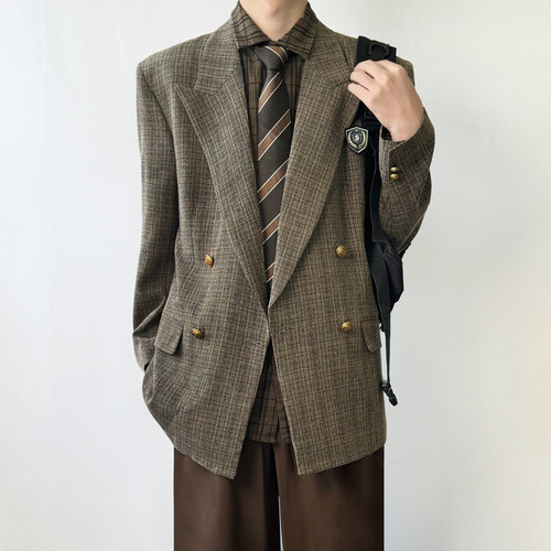 木村叔dk日系原创复古双排扣格子西服男春秋季戗驳领西装制服外套