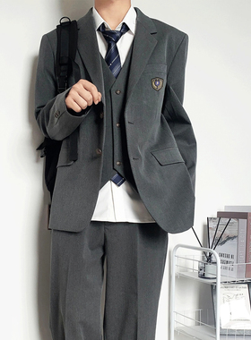 木村叔dk原创日系灰色西服男学生百搭长款西装jk制服马甲西裤套装