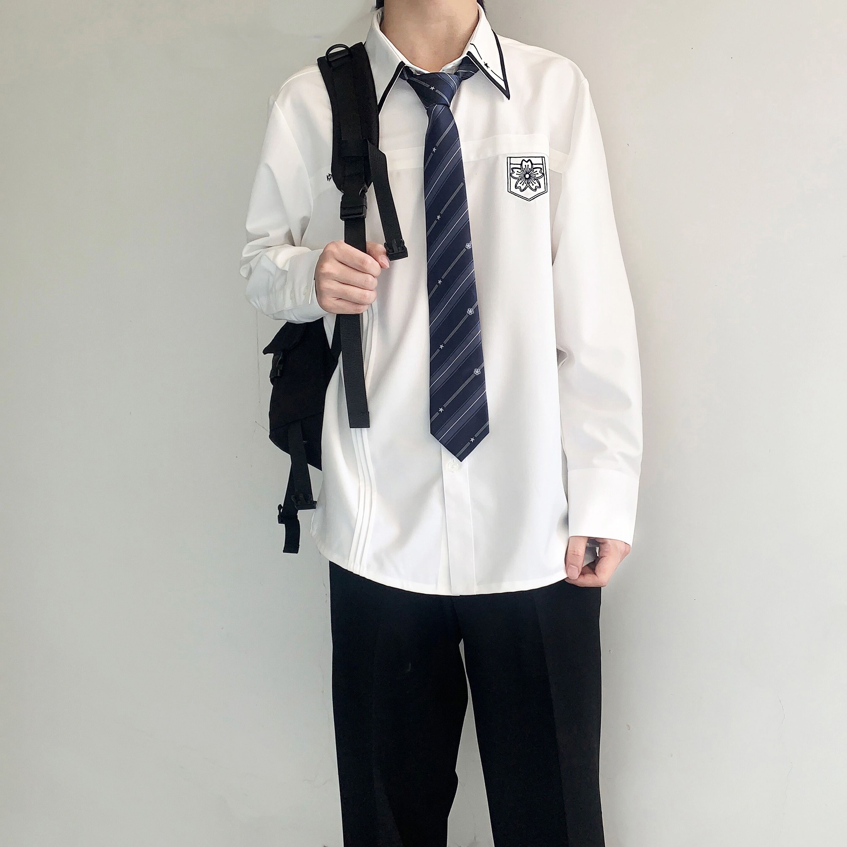 木村叔dk原创刺绣樱崎星风琴褶免烫日系制服白衬衫男长袖学生衬衣