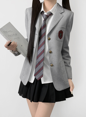 木村叔jk制服原创刺绣灰色毛呢西装外套女秋冬季学院风校供感西服