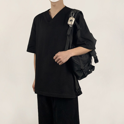 木村叔dk日系黑色短袖男T恤青少年秋季学院风鸡心领纯色复古上衣