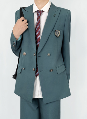 木村叔dk日系深绿色西装外套男学院风原创双排六粒扣刺绣西服制服