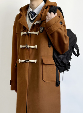 木村叔dK日系连帽大衣男学院风春秋季牛角扣中长情侣款水呢子外套