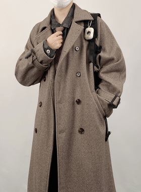 木村叔dk日系复古西装大衣男生春秋季人字纹双排扣灰色中长款外套