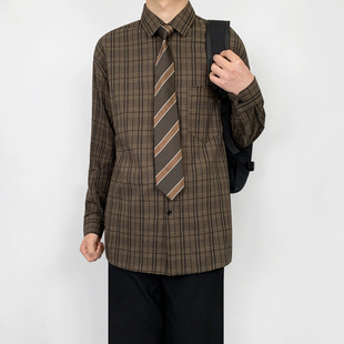 木村叔dk日系复古格子衬衫男生春秋季青少年简约格子长袖纯棉衬衣