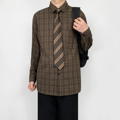 木村叔dk日系复古格子衬衫男生春秋季青少年简约格子长袖纯棉衬衣