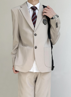 木村叔dk原创米白色休闲西服男学生成人礼帅气细条纹西装制服套装