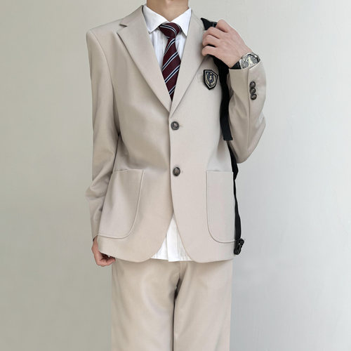 木村叔dk原创米白色休闲西服男学生成人礼帅气细条纹西装制服套装