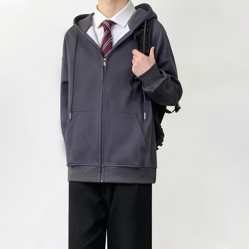 木村叔dk日系灰色连帽开衫拉链卫衣男生青少年春季纯棉基础款外套