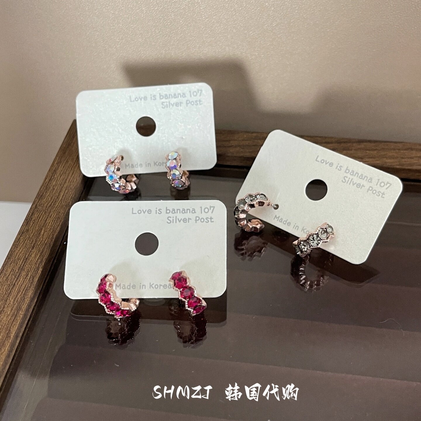 韩国代购镀玫瑰金彩色水晶半环耳钉925银针轻奢精致小众独特耳饰
