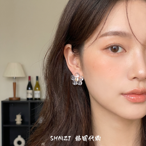银针透明樱花造型水晶花朵耳钉女
