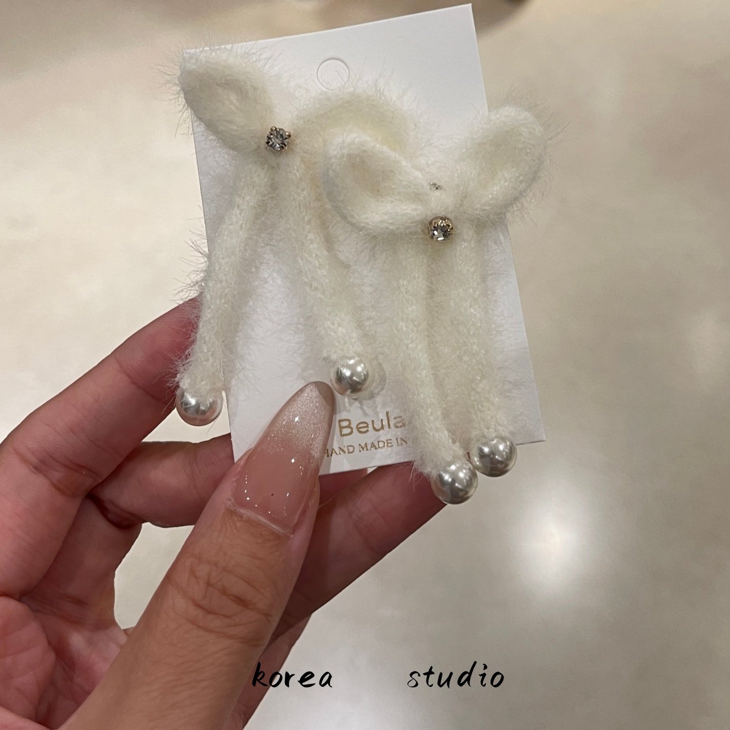 韩国毛绒蝴蝶结耳环甜美珍珠水钻耳钉可爱网红少女风ins小众温柔