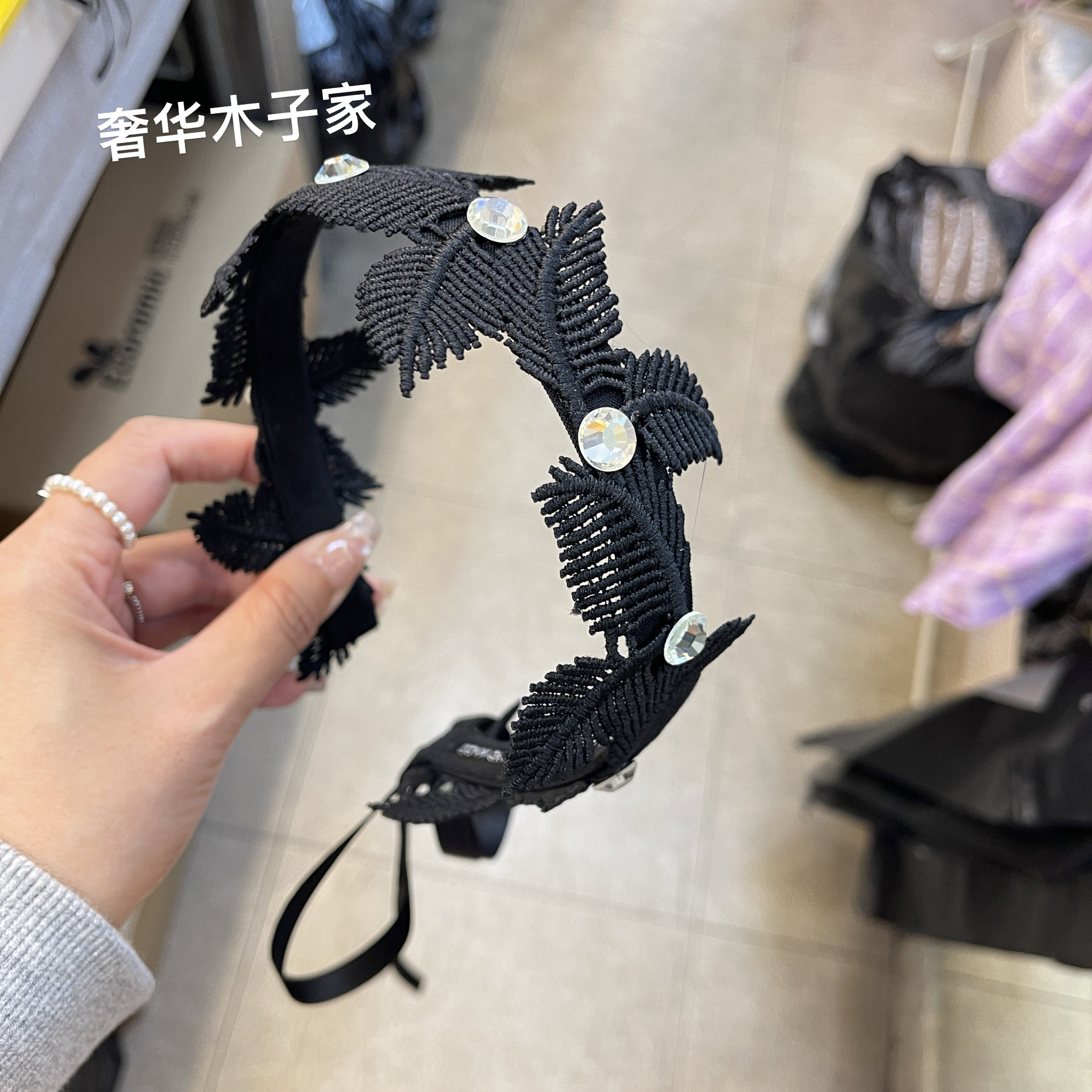 奢华木子家韩国黑色树叶水钻飘带发箍发卡时尚轻奢小众发饰女