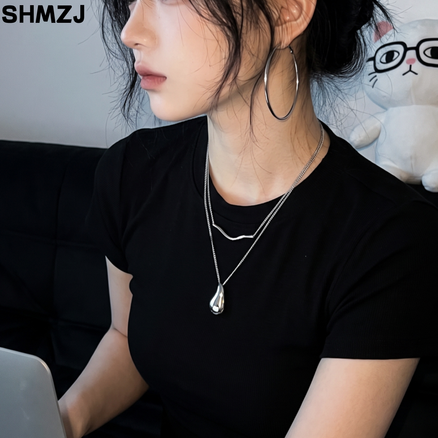 QUEEN几何银色双层叠戴项链叠戴