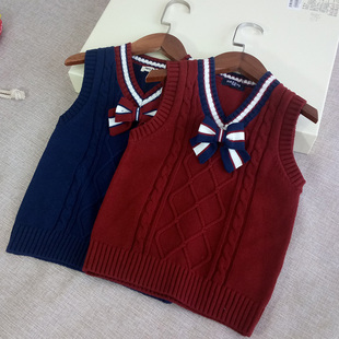 儿童纯棉毛线马甲女童针织背心蝴蝶结中大童 学院风套头秋冬
