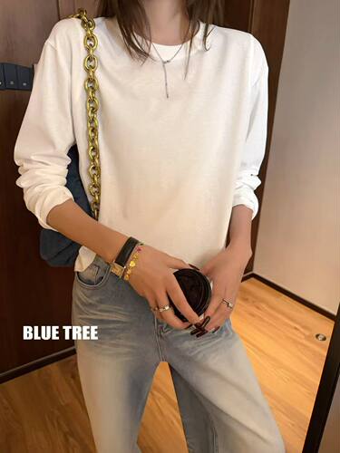 白T恤打底系列 bluetree2026秋长袖T恤女宽松圆领打底衫内搭上衣