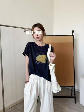 bluetree柠檬印花打底衫女2026夏新款宽松显瘦圆领短袖T恤上衣潮