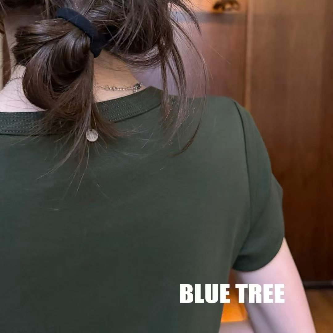bluetree早秋新款2026韩国简约圆领修身打底衫草绿色上衣净版女士图片
