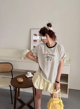 bluetree高品质条纹撞色小马刺绣圆领上衣女夏季新款减龄休闲短袖