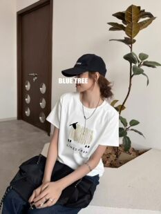 bkuetree短袖T恤女刺绣卡通可爱小羊纯色显瘦韩版上衣他宽松圆领