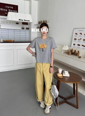 bluetree短袖T恤女蘑菇纽扣2026夏季新款圆领女宽松显瘦百搭上衣