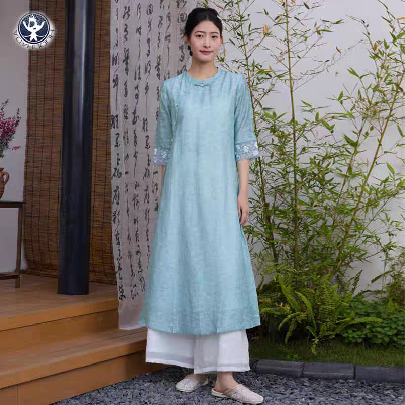 活力哈达品牌禅修服2025春夏新款环保天丝亚麻蓝绿色旗袍领古风女