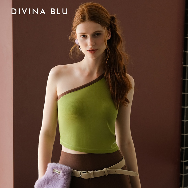 DIVINA BLU迪唯纳25年丹麦系列螺纹斜肩瑜伽背心运动上衣健身内衣