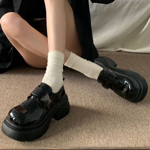 复古大头魔术贴增高厚底小皮鞋