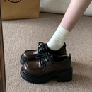 ins潮 英伦风小个子增高厚底单鞋 棕色复古系带小皮鞋 女2025秋新款