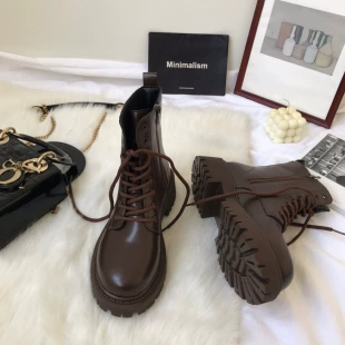 爆款 马丁靴女英伦风短靴2023新款 春季 厚底棕色甜酷瘦瘦加绒靴子潮