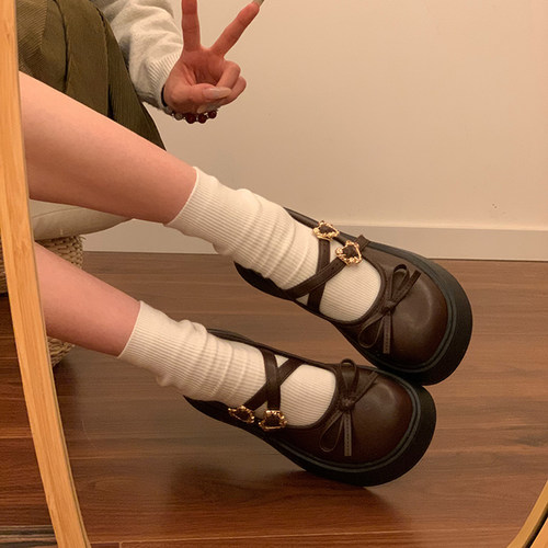 圆头蝴蝶结松糕厚底小皮鞋