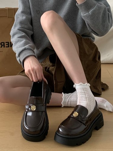 山茶花棕色乐福厚底JK百搭小皮鞋