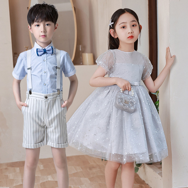 六一儿童主持人朗诵合唱表演服礼服女童蓬蓬裙纱裙男孩背带演出服