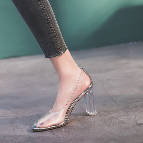 性感透明水晶百搭方头新娘鞋