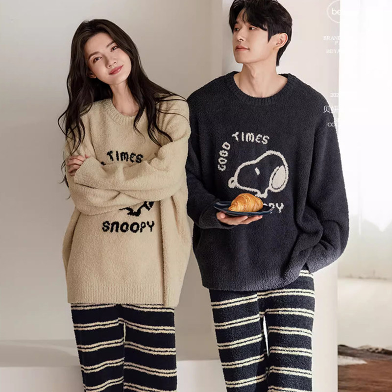 贝妍秋冬季珊瑚绒情侣睡衣女史努比保暖家居服宽松男士半边绒套装,女士内衣/男士内衣/家居服,睡衣/家居服套装,淘宝优惠券,粉丝福利购,淘宝优惠卷