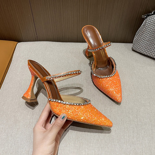 2021春夏新款 包头半拖高跟凉拖女 尖头一字水钻亮片细跟高跟拖鞋