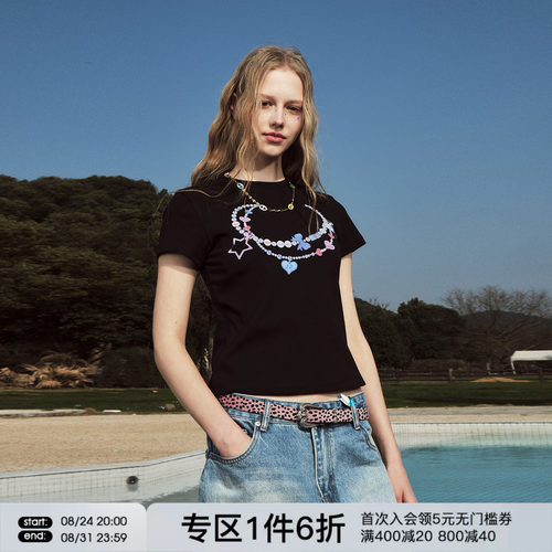 FORNINES凉感短款印花短袖T恤女生显瘦修身正肩上衣夏季收腰打底