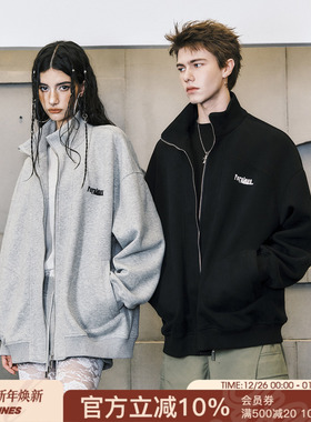 FORNINES立领刺绣重磅灰色卫衣男款潮牌春秋情侣加绒开衫厚外套女