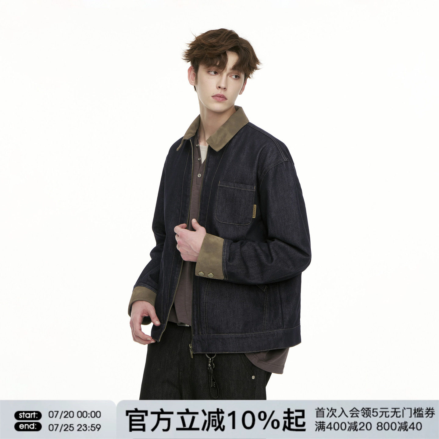 FORNINES莱赛尔混纺原牛明线翻领牛仔衣夹克男女春秋复古工装外套
