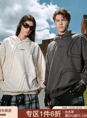 FORNINES设计感毛边贴布重磅卫衣男女潮牌情侣宽松连帽衫美式外套