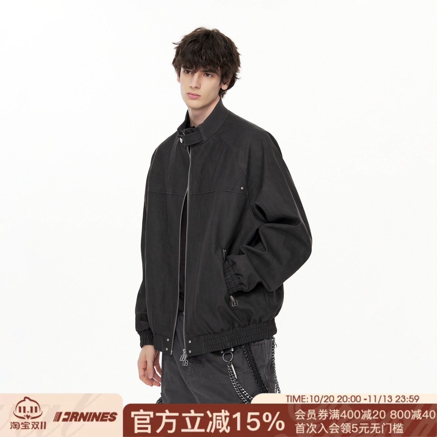 FORNINES双拉链复古立领皮衣外套男款情侣春秋PU夹克女痞帅机车服