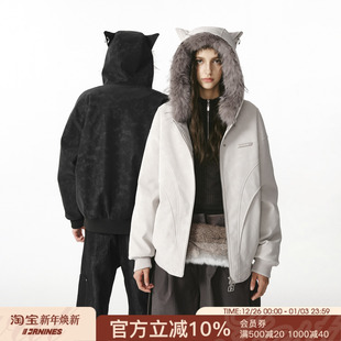 FORNINES可拆毛领猫耳朵棉衣男冬季 加绒外套女情侣棉袄皮面防寒服