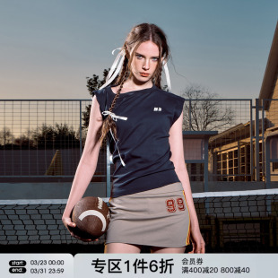 辣妹收腰显瘦露肩短上衣 美式 FORNINES斜肩无袖 T恤女纯色背心夏季